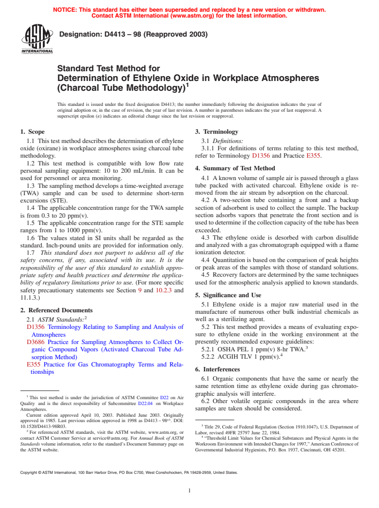 ASTM D4413-98(2003) - Standard Test Method for Determination of Ethylene Oxide in Workplace Atmospheres (Charcoal Tube Methodology)