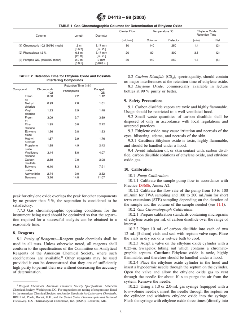 ASTM D4413-98(2003) - Standard Test Method for Determination of Ethylene Oxide in Workplace Atmospheres (Charcoal Tube Methodology)