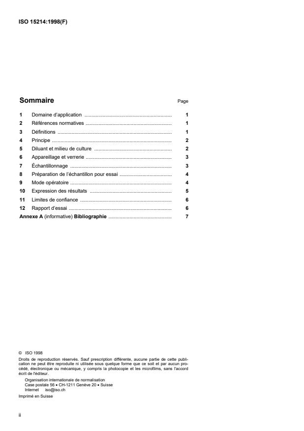 ISO 15214:1998 ISO 15214:1998 - Microbiologie des aliments -- Méthode horizontale pour le dénombrement des bactéries lactiques mésophiles -- Technique par comptage des colonies a 30 degrés C - Page 2 preview