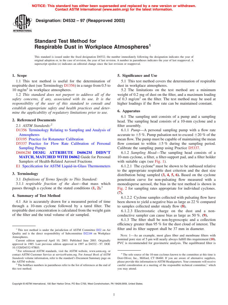 ASTM D4532-97(2003) - Standard Test Method for Respirable Dust in Workplace Atmospheres