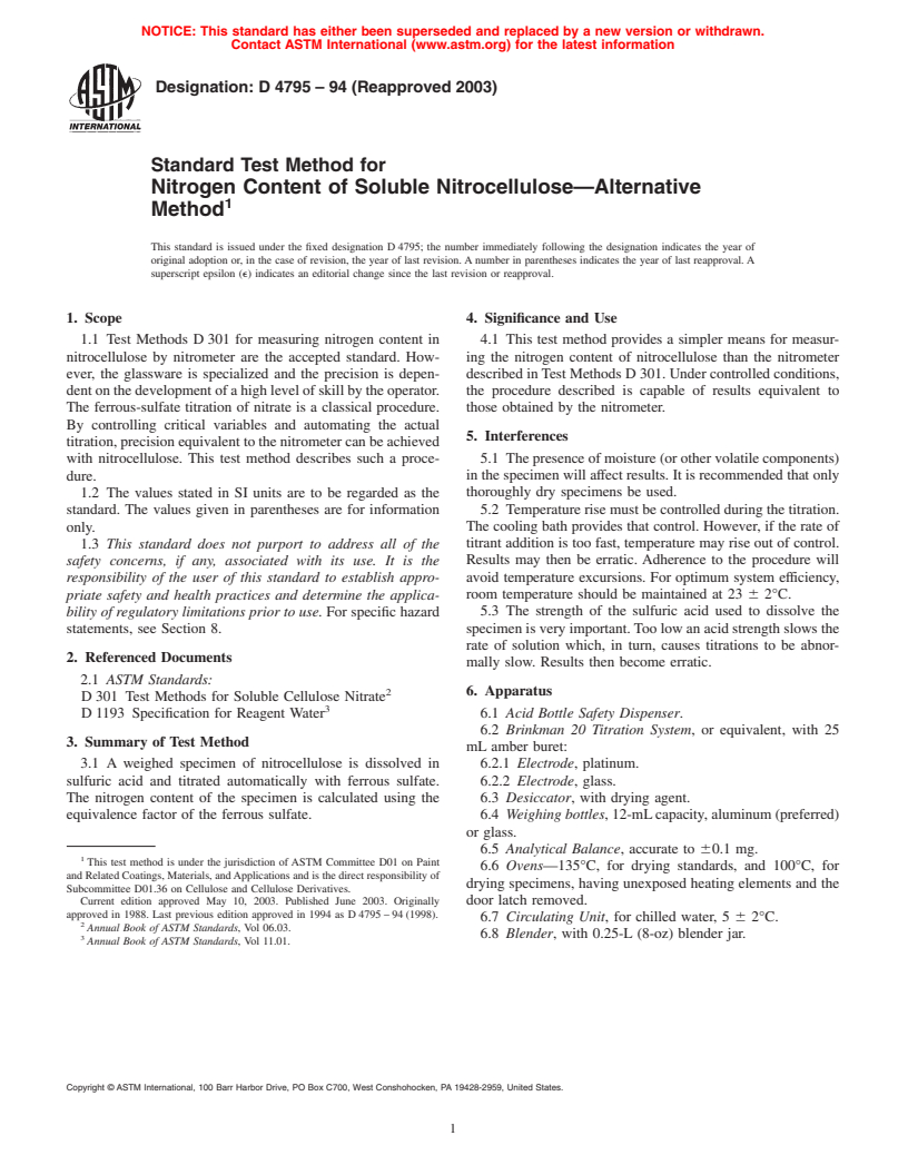 ASTM D4795-94(2003) - Standard Test Method for Nitrogen Content of Soluble Nitrocellulose&#8212;Alternative Method