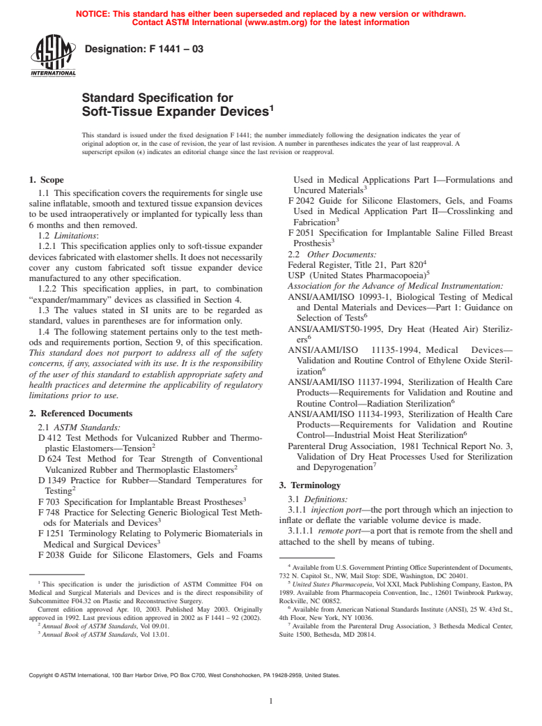 ASTM F1441-03 - Standard Specification for Soft-Tissue Expander Devices