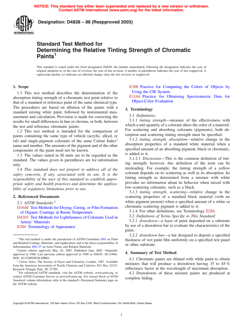 ASTM D4838-88(2003) - Standard Test Method for Determining the Relative Tinting Strength of Chromatic Paints