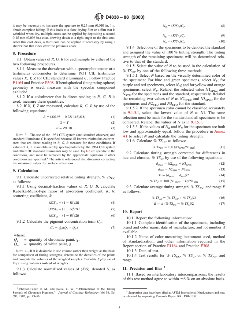 ASTM D4838-88(2003) - Standard Test Method for Determining the Relative Tinting Strength of Chromatic Paints