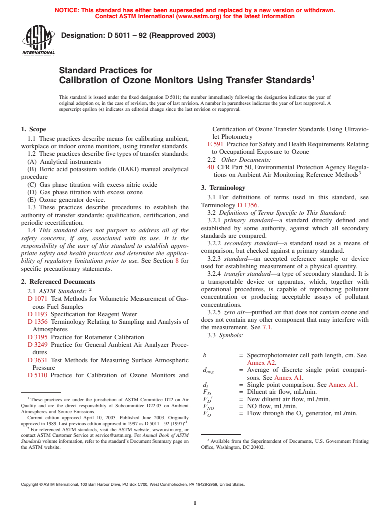 ASTM D5011-92(2003) - Standard Practices for Calibration of Ozone Monitors Using Transfer Standards