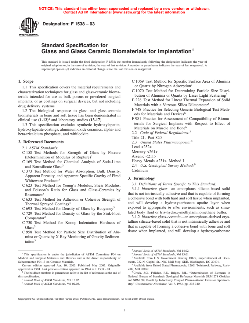 ASTM F1538-03 - Standard Specification for Glass and Glass Ceramic Biomaterials for Implantation