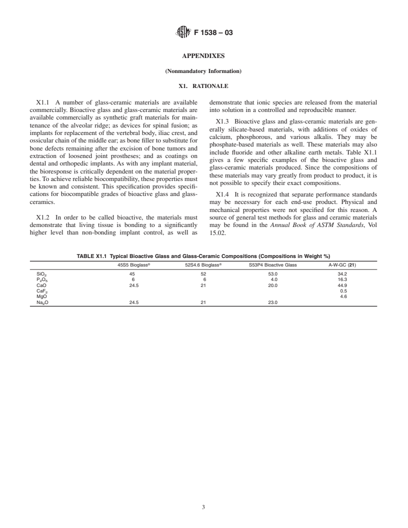 ASTM F1538-03 - Standard Specification for Glass and Glass Ceramic Biomaterials for Implantation