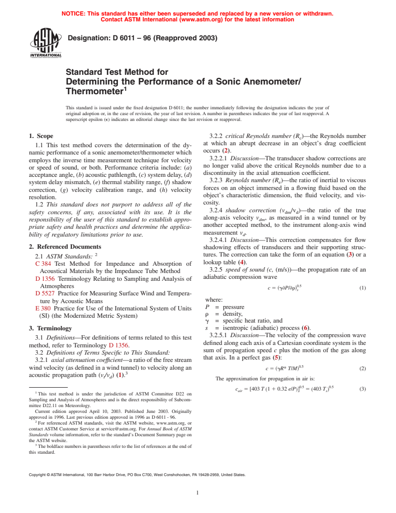 ASTM D6011-96(2003) - Standard Test Method for Determining the Performance of a Sonic Anemometer/Thermometer