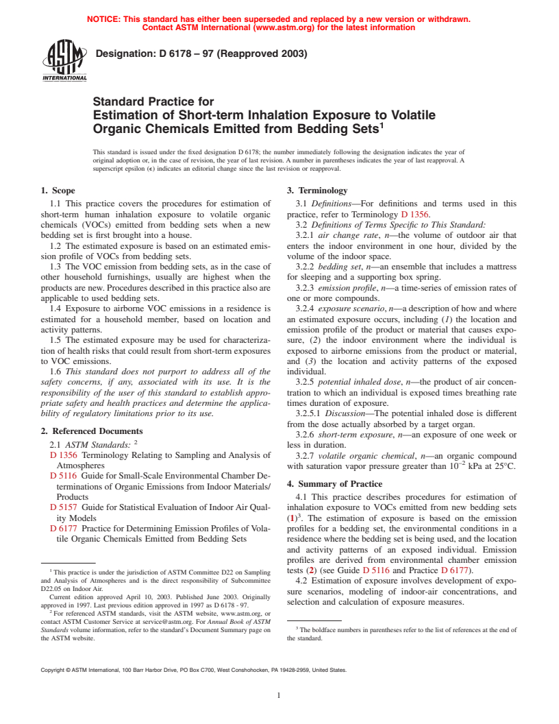 ASTM D6178-97(2003) - Standard Practice for Estimation of Short-Term Inhalation Exposure to Volatile Organic Chemicals Emitted from Bedding Sets