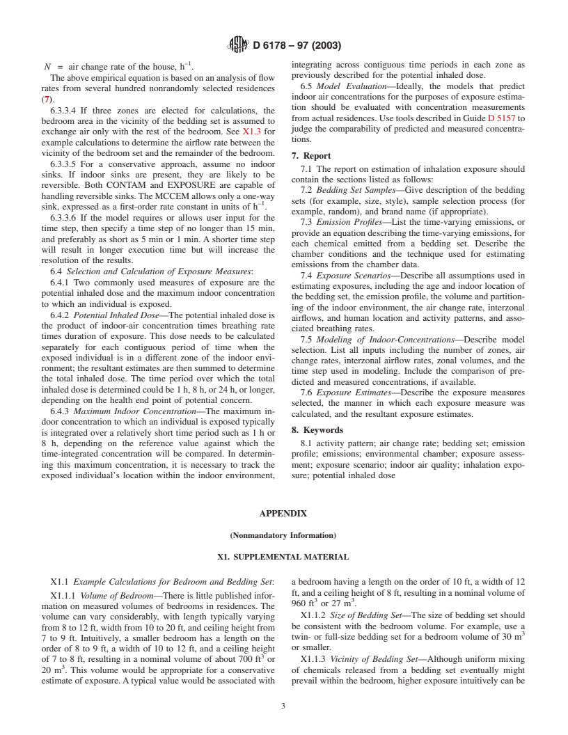 ASTM D6178-97(2003) - Standard Practice for Estimation of Short-Term Inhalation Exposure to Volatile Organic Chemicals Emitted from Bedding Sets