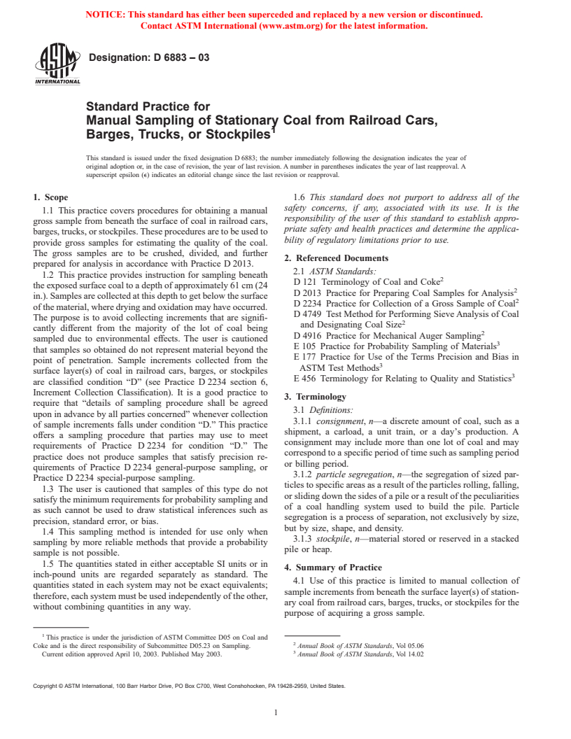 ASTM D6883-03 - Standard Practice for Manual Sampling of Stationary Coal from Railroad Cars, Barges, Trucks, or Stockpiles