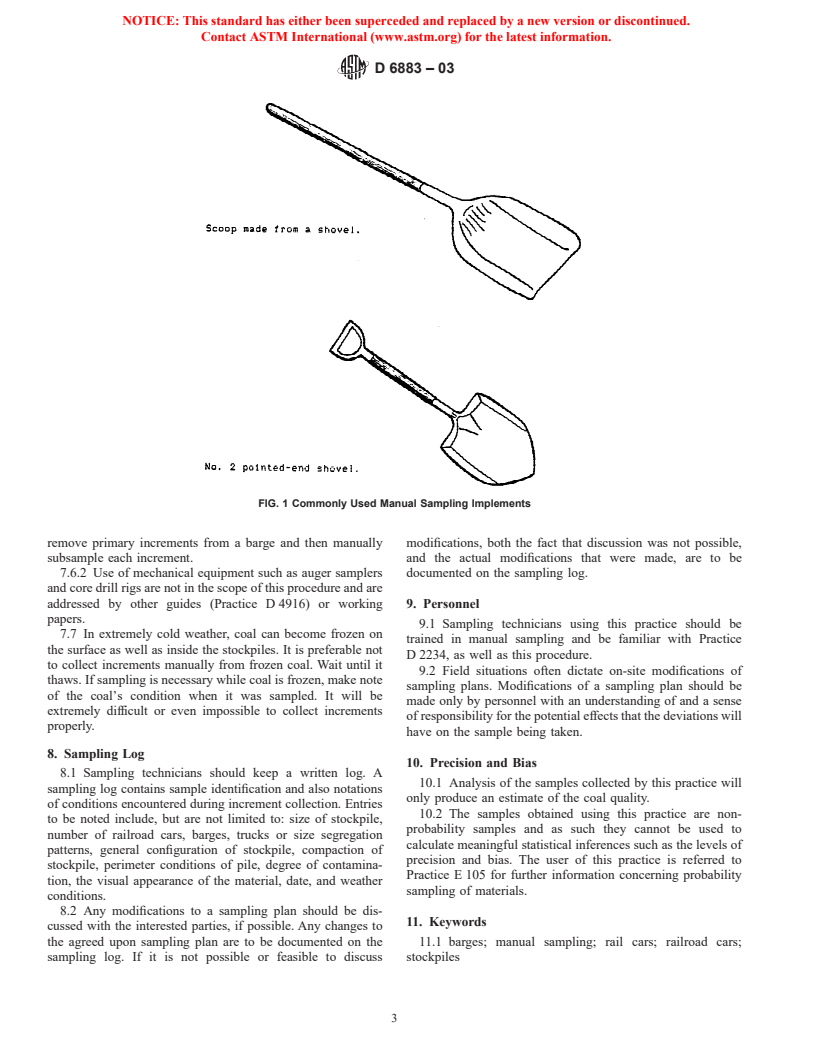 ASTM D6883-03 - Standard Practice for Manual Sampling of Stationary Coal from Railroad Cars, Barges, Trucks, or Stockpiles