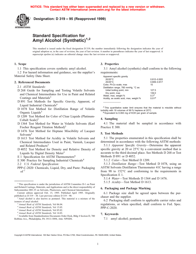 ASTM D319-95(1999) - Standard Specification for Amyl Alcohol (Synthetic)