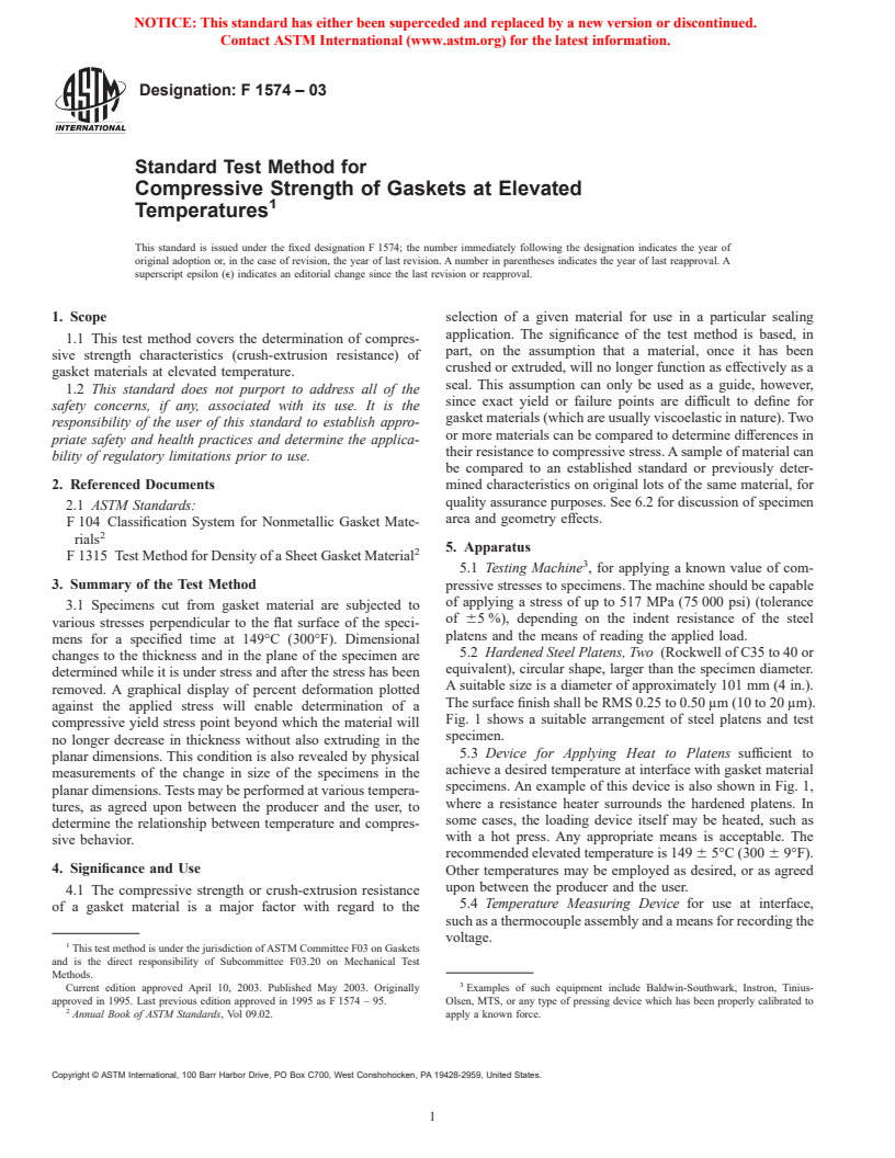 ASTM F1574-03 - Standard Test Method for Compressive Strength of Gaskets at Elevated Temperatures