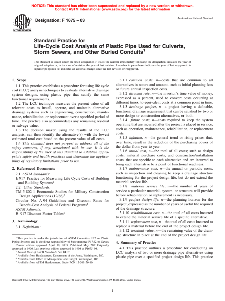 ASTM F1675-03 - Standard Practice for Life-Cycle Cost Analysis of Plastic Pipe Used for Culverts, Storm Sewers, and Other Buried Conduits