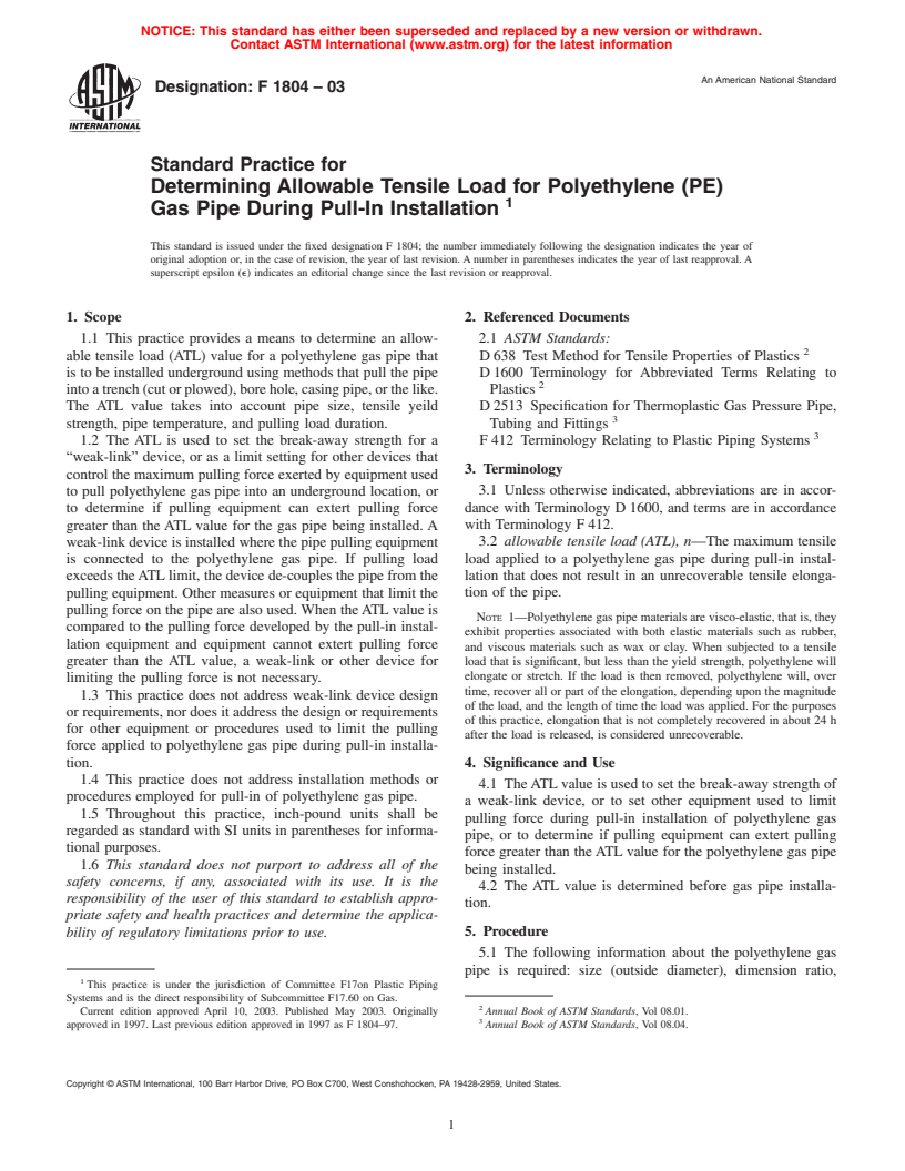 ASTM F1804-03 - Standard Practice for Determining Allowable Tensile Load for Polyethylene (PE) Gas Pipe During Pull-In Installation