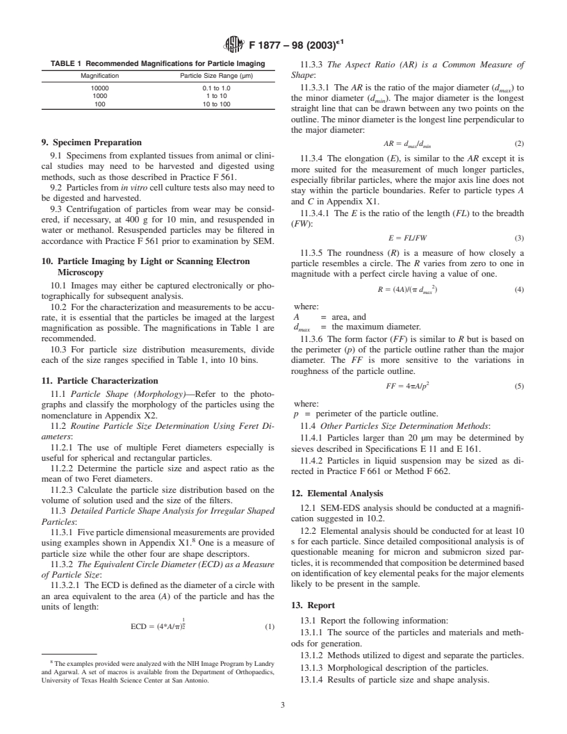 ASTM F1877-98(2003)e1 - Standard Practice for Characterization of Particles