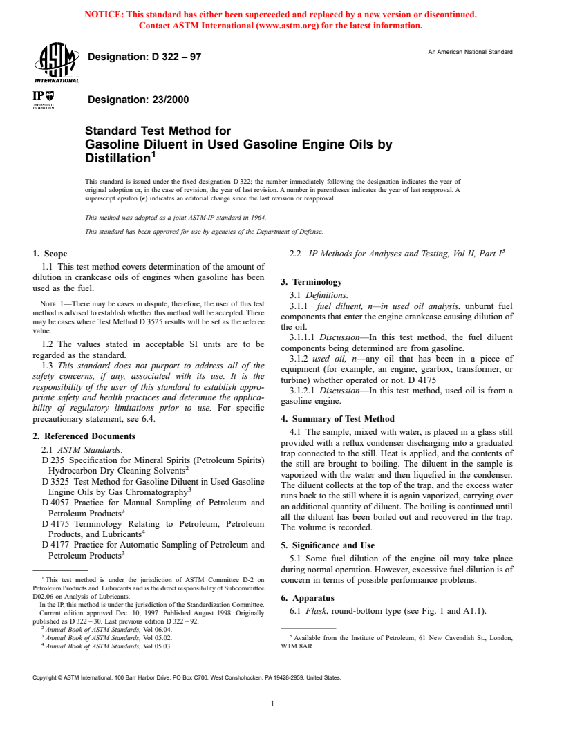 ASTM D322-97 - Standard Test Method for Gasoline Diluent in Used Gasoline Engine Oils by Distillation