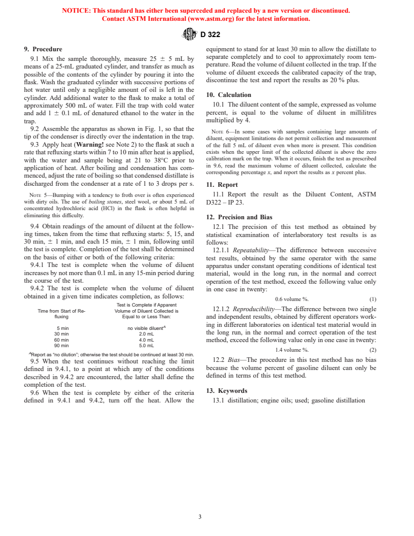 ASTM D322-97 - Standard Test Method for Gasoline Diluent in Used Gasoline Engine Oils by Distillation