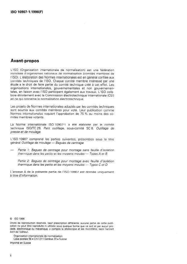 ISO 10907-1:1996 ISO 10907-1:1996 - Outillage de moulage -- Bagues de centrage - Page 2 preview