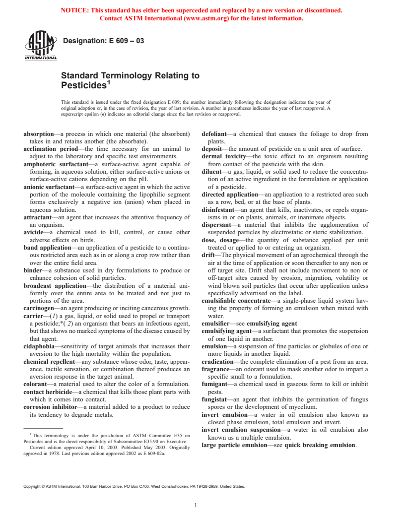 ASTM E609-03 - Standard Terminology Relating to Pesticides