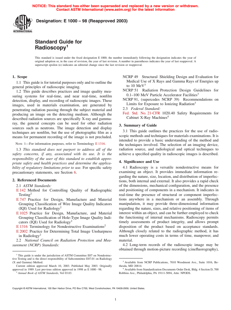 ASTM E1000-98(2003) - Standard Guide for Radioscopy