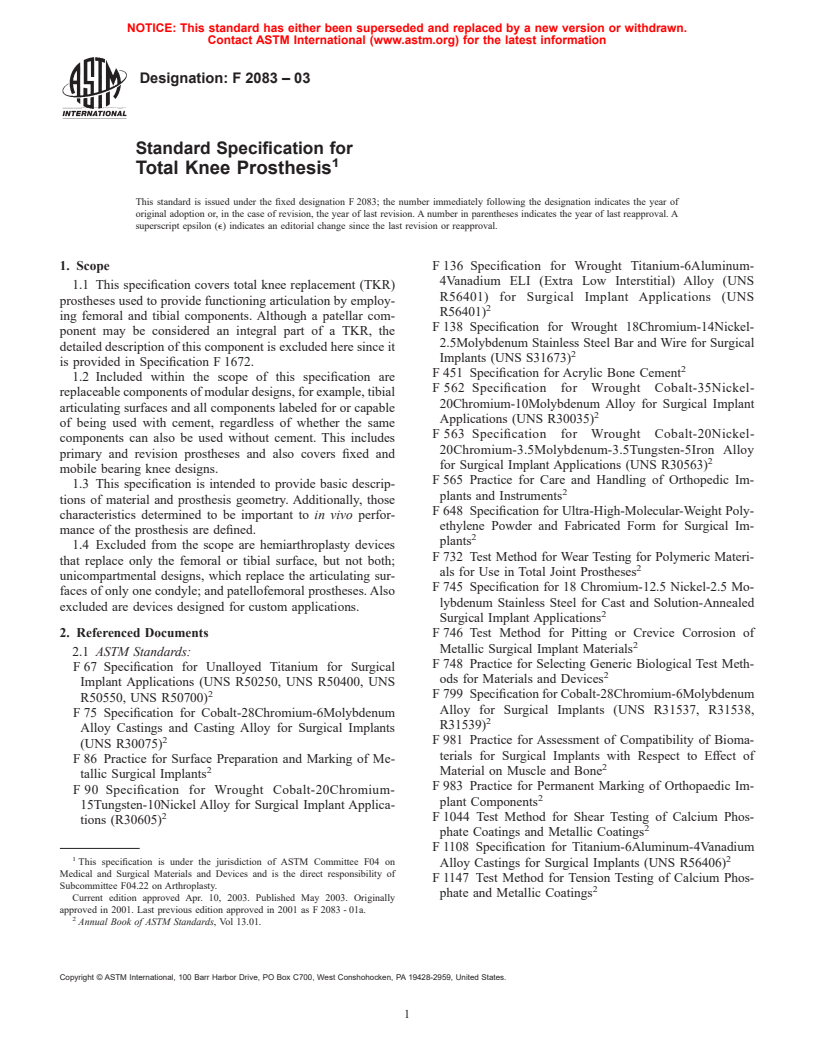 ASTM F2083-03 - Standard Specification for Total Knee Prosthesis