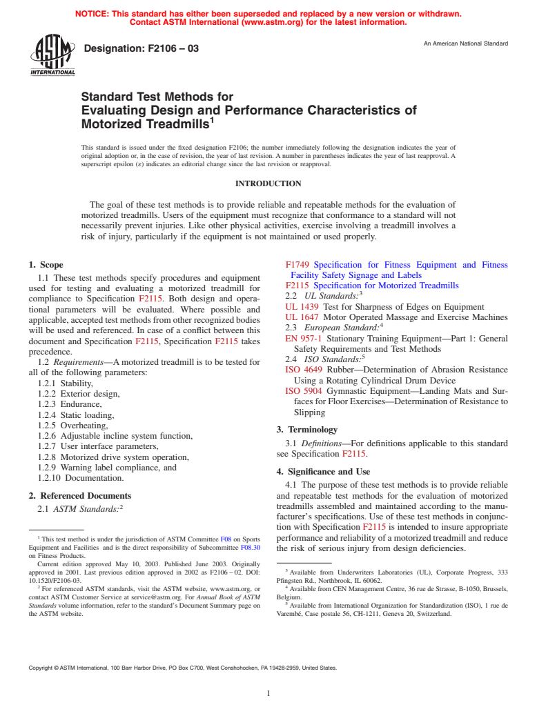ASTM F2106-03 - Standard Test Methods for Evaluating Design and Performance Characteristics of Motorized Treadmills
