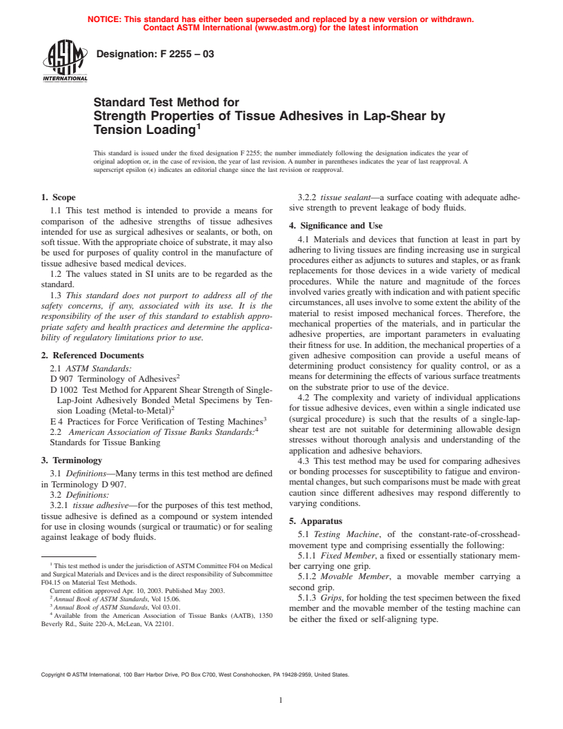 ASTM F2255-03 - Standard Test Method for Strength Properties of Tissue Adhesives in Lap-Shear by Tension Loading