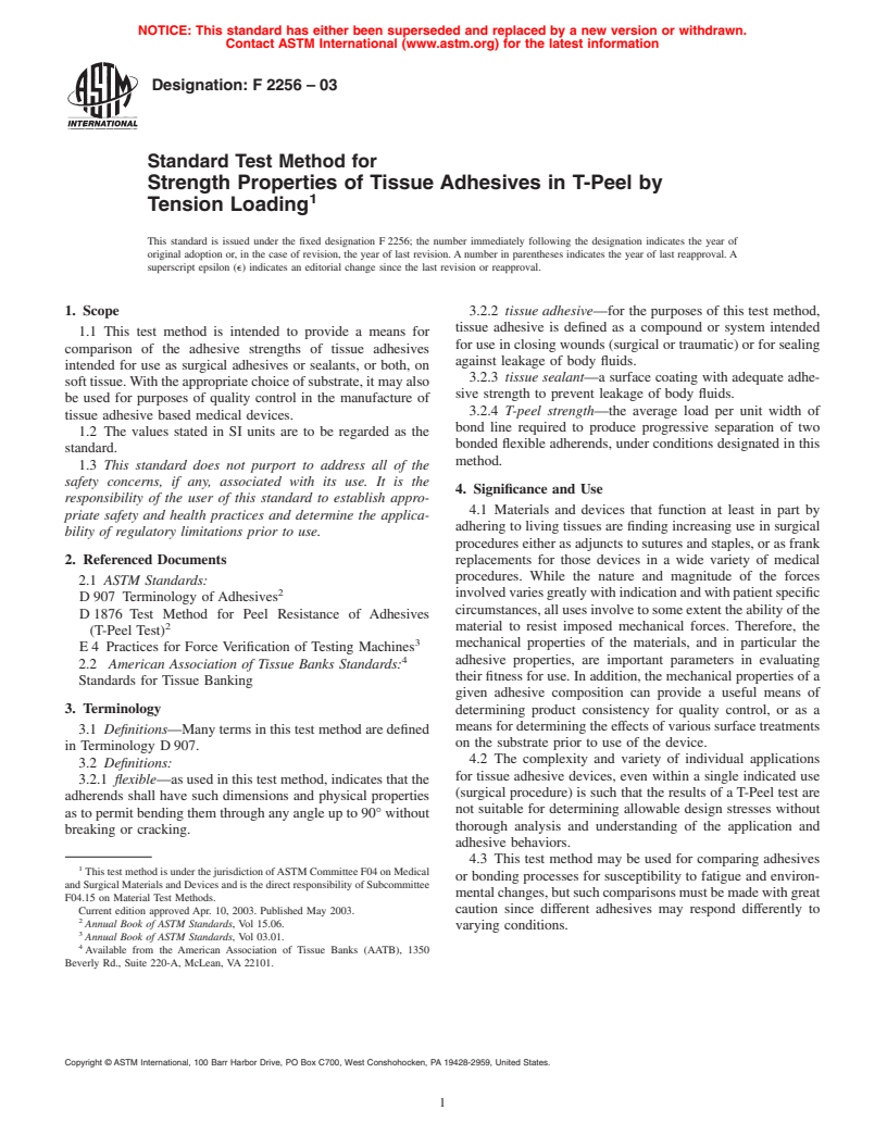 ASTM F2256-03 - Standard Test Method for Strength Properties of Tissue Adhesives in T-Peel by Tension Loading