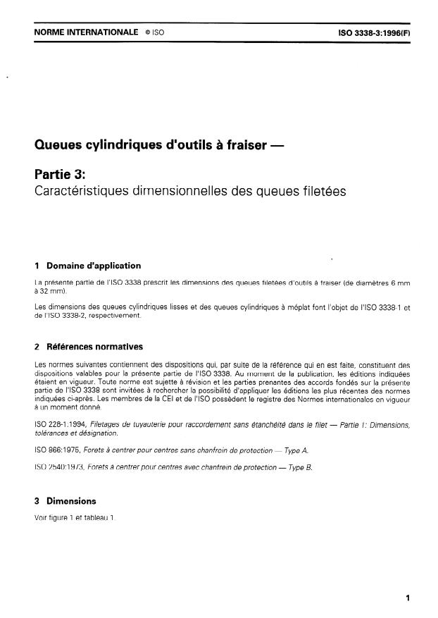 ISO 3338-3:1996 - Queues cylindriques d'outils a fraiser