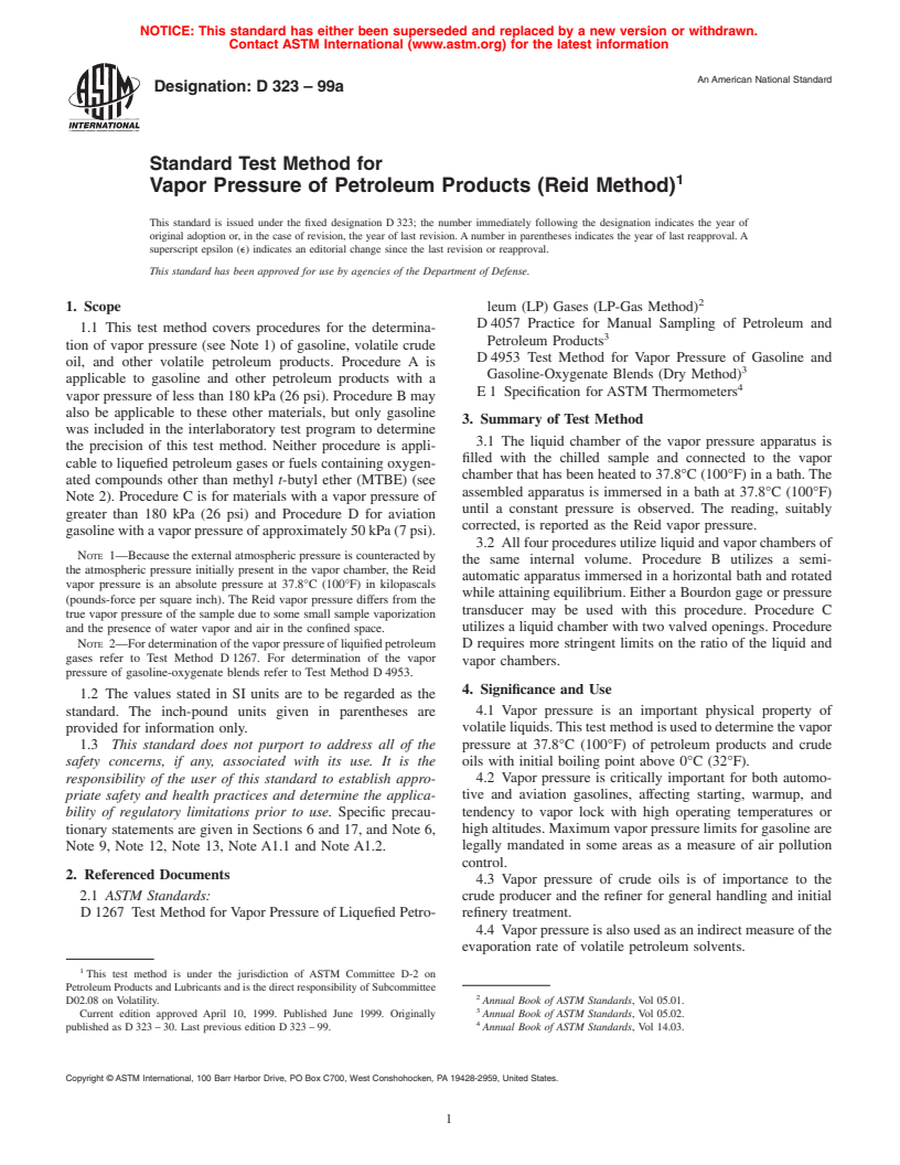 ASTM D323-99a - Standard Test Method for Vapor Pressure of Petroleum Products (Reid Method)