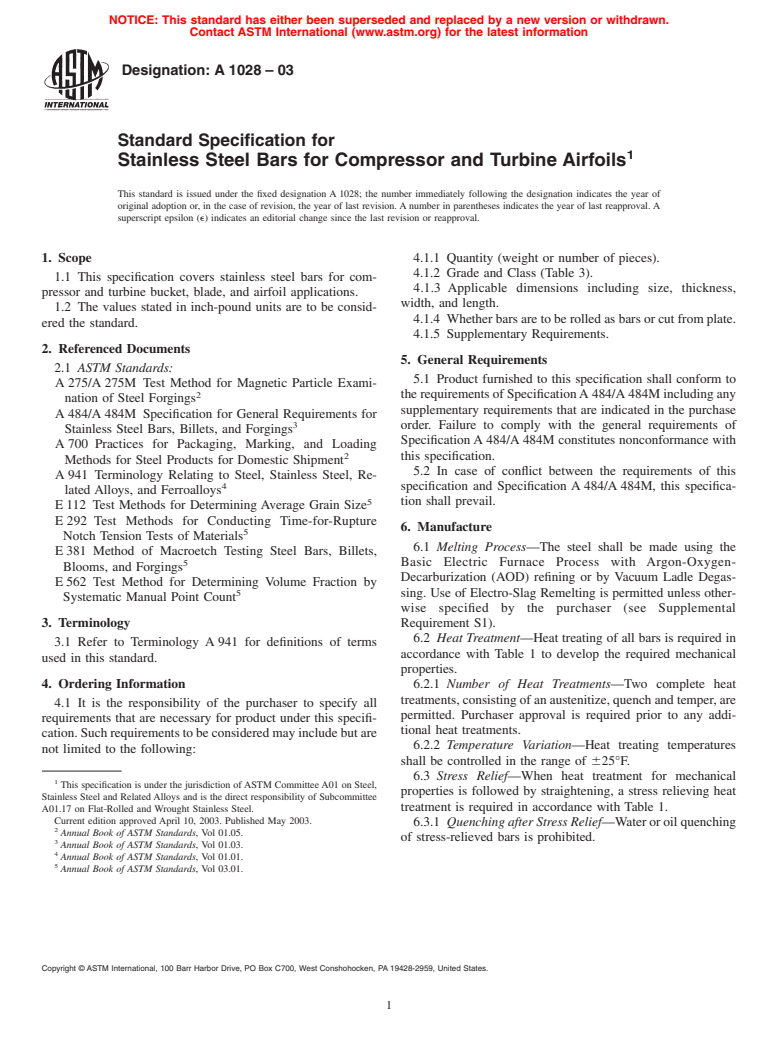 ASTM A1028-03 - Standard Specification for Stainless Steel Bars for Compressor and Turbine Airfoils