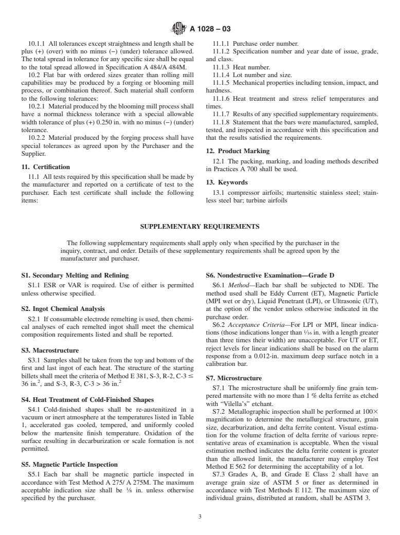 ASTM A1028-03 - Standard Specification for Stainless Steel Bars for Compressor and Turbine Airfoils