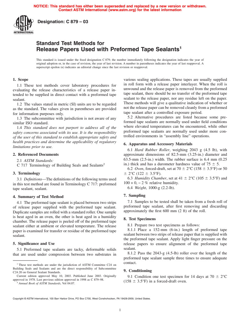 ASTM C879-03 - Standard Test Methods for Release Papers Used With Preformed Tape Sealants