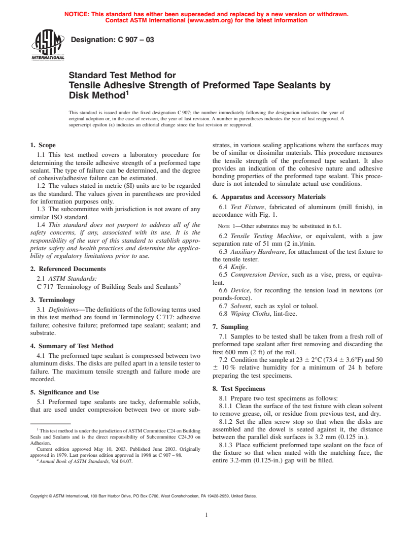 ASTM C907-03 - Standard Test Method for Tensile Adhesive Strength of Preformed Tape Sealants by Disk Method