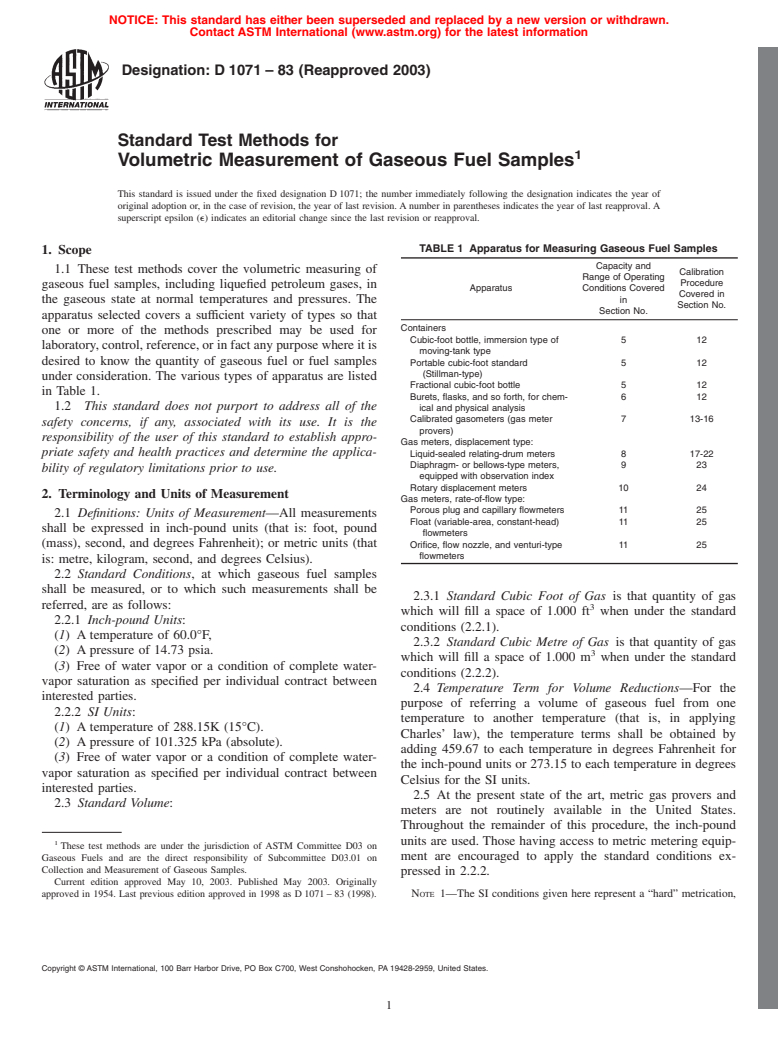 ASTM D1071-83(2003) - Standard Test Methods for Volumetric Measurement of Gaseous Fuel Samples