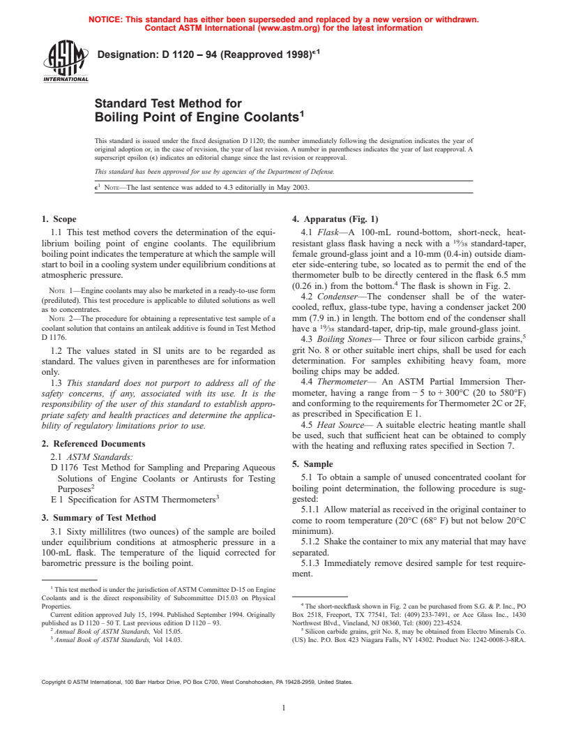 ASTM D1120-94(1998)e1 - Standard Test Method for Boiling Point of Engine Coolants