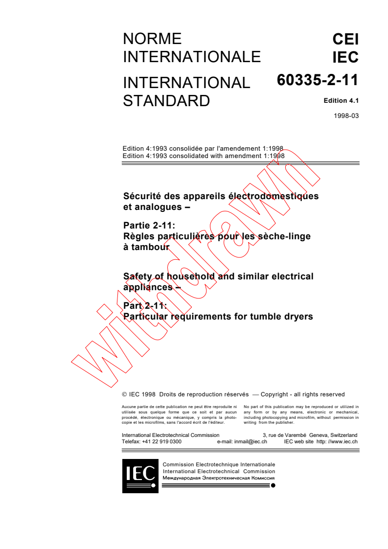 IEC 60335-2-11:1993+AMD1:1998 CSV - Safety of household and similar electrical appliances - Part 2-11: Particular requirements for tumble dryers
Released:3/31/1998
Isbn:2831843162