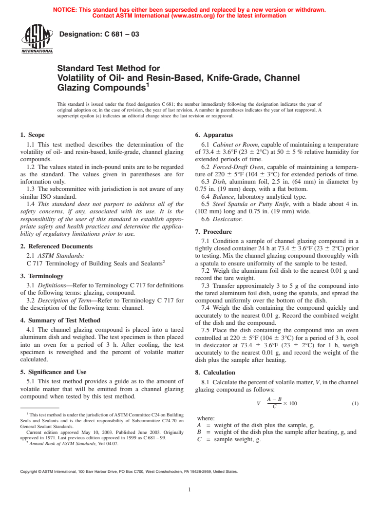 ASTM C681-03 - Standard Test Method for Volatility of Oil- and Resin-Based, Knife-Grade, Channel Glazing Compounds