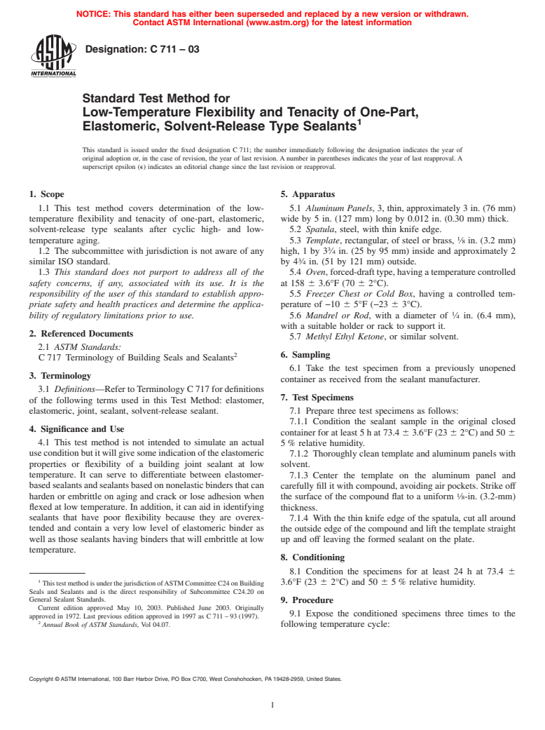 ASTM C711-03 - Standard Test Method for Low-Temperature Flexibility and Tenacity of One-Part, Elastomeric, Solvent-Release Type Sealants