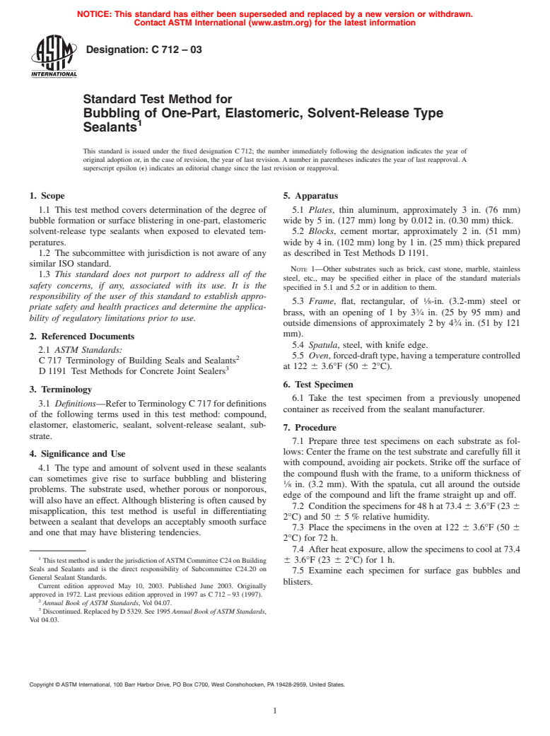 ASTM C712-03 - Standard Test Method for Bubbling of One-Part, Elastomeric, Solvent-Release Type Sealants