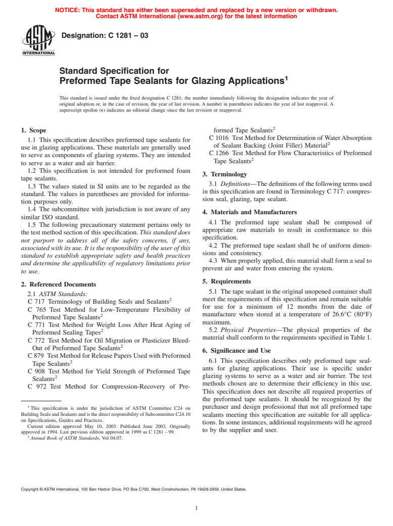 ASTM C1281-03 - Standard Specification for Preformed Tape Sealants for Glazing Applications