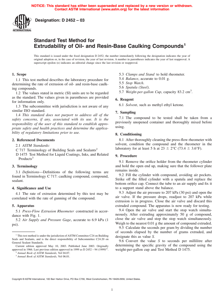 ASTM D2452-03 - Standard Test Method for Extrudability of Oil- and Resin-Base Caulking Compounds