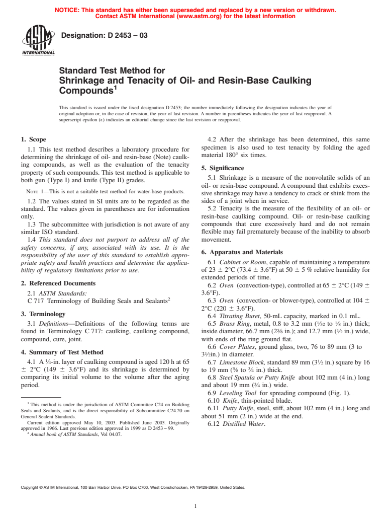 ASTM D2453-03 - Standard Test Method for Shrinkage and Tenacity of Oil- and Resin-Base Caulking Compounds