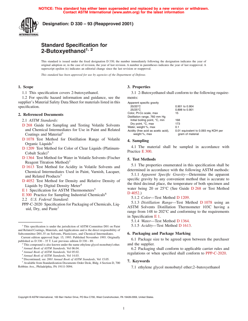 ASTM D330-93(2001) - Standard Specification for 2-Butoxyethanol