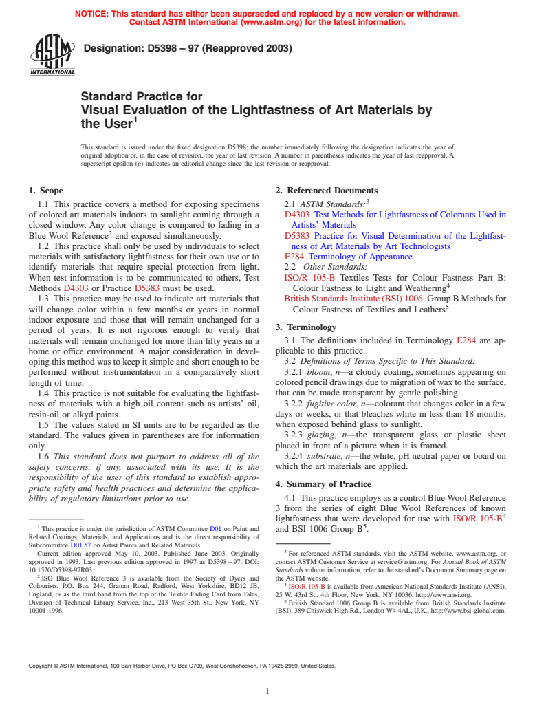 ASTM D5398-97(2003) - Standard Practice for Visual Evaluation of the Lightfastness of Art Materials by the User