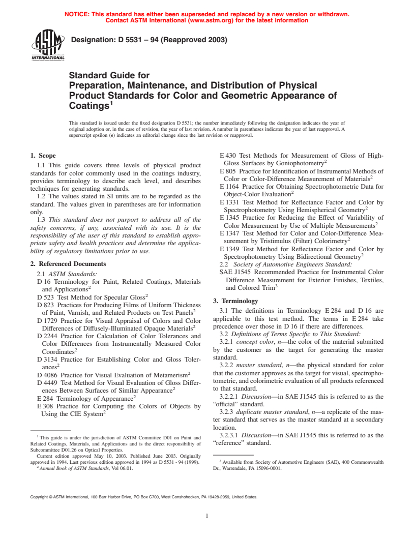 ASTM D5531-94(2003) - Standard Guide for Preparation, Maintenance, and Distribution of Physical Product Standards for Color and Geometric Appearance of Coatings