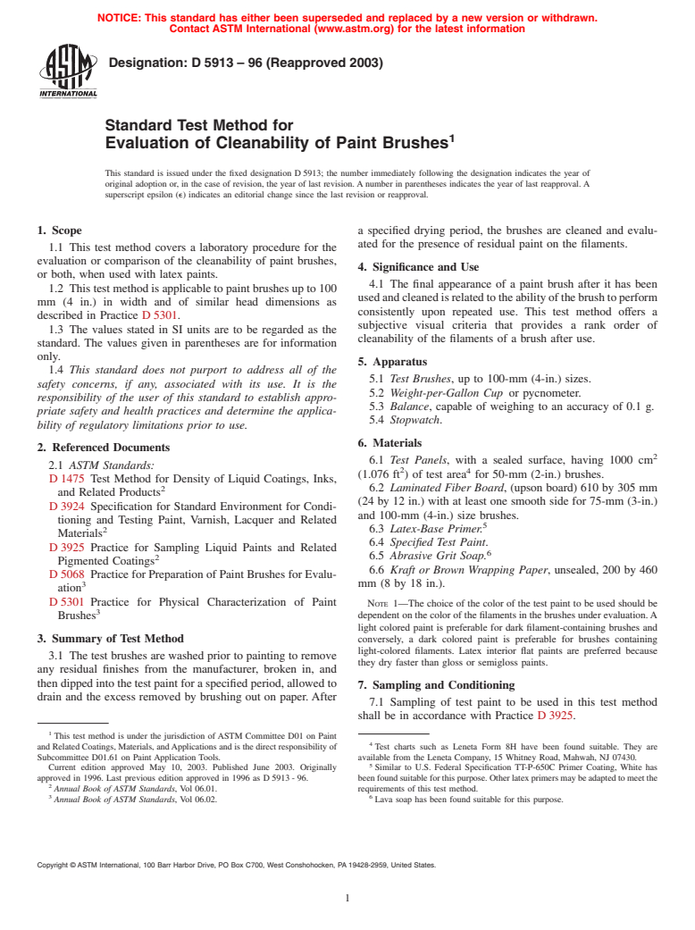 ASTM D5913-96(2003) - Standard Test Method for Evaluation of Cleanability of Paint Brushes