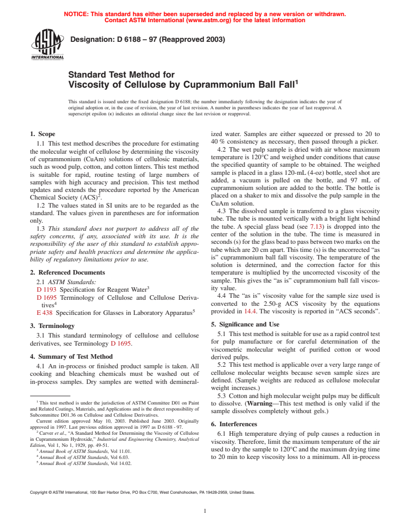 ASTM D6188-97(2003) - Standard Test Method for Viscosity of Cellulose by Cuprammonium Ball Fall